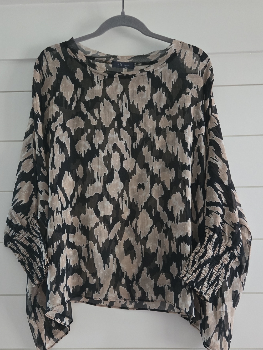 KLD Black, Tan and Cream Animal Print 3/4 Sleeve Top, NWOT